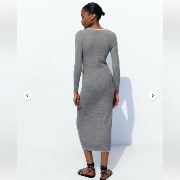 New ZARA V-neck Striped Midi Knit Dress With Contrast Buttons - Picture 3 of 6